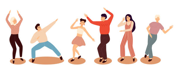 행복한 춤 사람들. 친구 댄스, 클럽 여성과 남성 댄서. 흥미 진진한 음악 파티, 디스코 댄스 친구 캐릭터 플랫 벡터 일러스트 - party women dancing focus on shadow stock illustrations