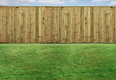 Empty backyard with green grass and wood fence