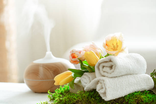 istock Spa composition with Aromatherapy and body care items. 1208435824
