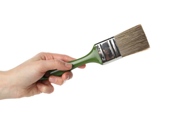 istock Female hand hold paint brush, isolated on white background 1208436062