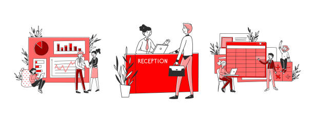 Business and education set Business and education set. People analyzing graph, reception, studying in class. Flat vector illustrations. Work on project, training concept for banner, website design or landing web page drawing of the hotel reception stock illustrations