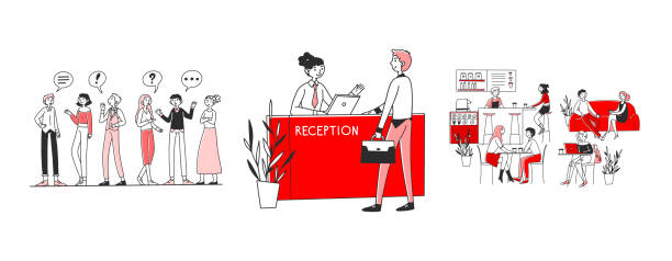 Communication and service set Communication and service set. People talking, consulting at reception, coffee shop. Flat vector illustrations. Public place, conversation concept for banner, website design or landing web page drawing of the hotel reception stock illustrations