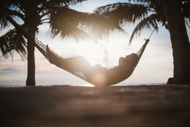 istock A young man is lying in a hammock at sunset by the ocean. Handsome guy is resting in a hammock among palm trees on the seashore. 1208438215
