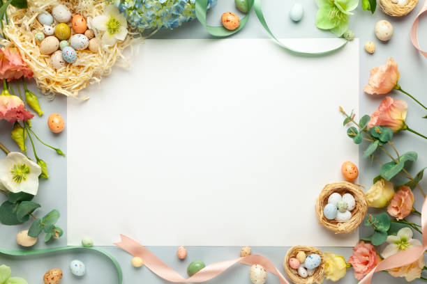 istock Happy Easter concept with easter eggs in nest and spring flowers 1208439403