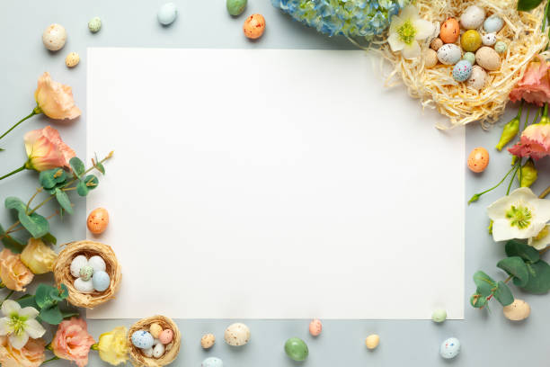 istock Happy Easter concept with easter eggs in nest and spring flowers 1208439411