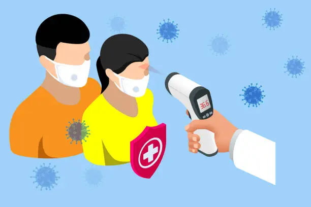 Vector illustration of A doctor measures the temperature of a woman in a medical mask. Novel COVID-19 2019-nCoV epidemic outbreak. Medical Digital Non-Contact Infrared Thermometer, covid-19 checkpoint