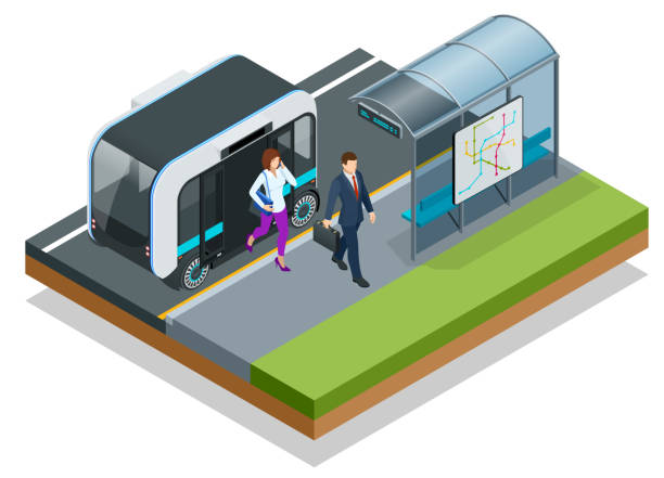 Isometric Unmanned Shuttle Bus. Automated self-driving vehicle system in city. Isometric Unmanned Shuttle Bus. Automated self-driving vehicle system in city empty school bus stock illustrations