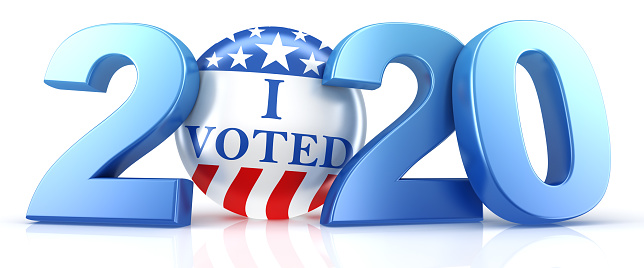 Vote 2020. Red, white, and blue voting pin in 2020 with I Voted text. 3d render.