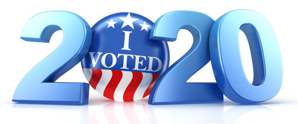 istock Vote 2020. Red, white, and blue voting pin in 2020 with I Voted text. 3d render. 1208446867