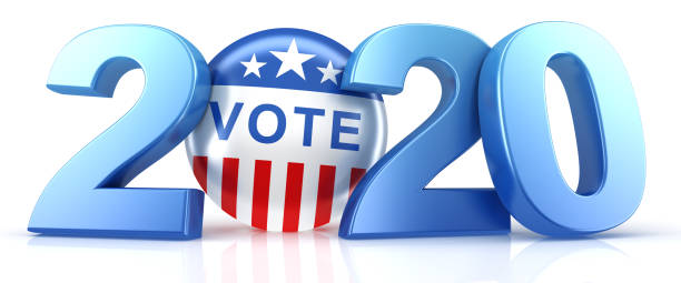 istock Vote 2020. Red, white, and blue voting pin in 2020 with Vote text. 3d render. 1208446873