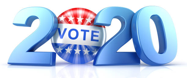 istock Vote 2020. Red, white, and blue voting pin in 2020 with Vote text. 3d render. 1208446884