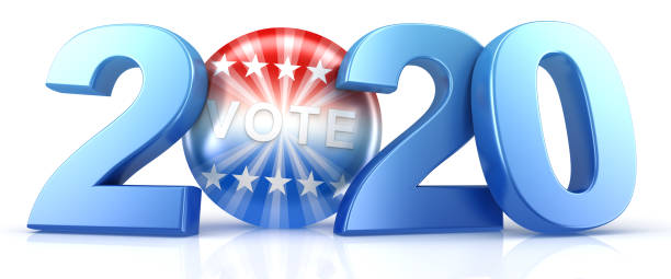 istock Vote 2020. Red, white, and blue voting pin in 2020 with Vote text. 3d render. 1208446891
