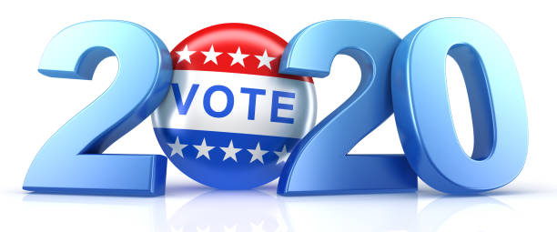 istock Vote 2020. Red, white, and blue voting pin in 2020 with Vote text. 3d render. 1208446906