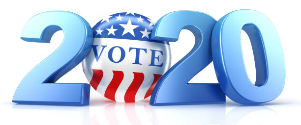 istock Vote 2020. Red, white, and blue voting pin in 2020 with Vote text. 3d render. 1208446918