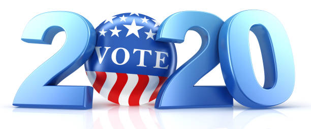 istock Vote 2020. Red, white, and blue voting pin in 2020 with Vote text. 3d render. 1208446929