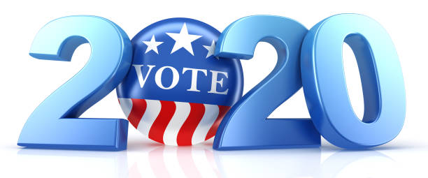 istock Vote 2020. Red, white, and blue voting pin in 2020 with Vote text. 3d render. 1208447433
