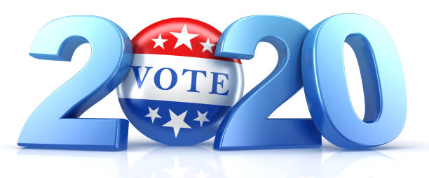 istock Vote 2020. Red, white, and blue voting pin in 2020 with Vote text. 3d render. 1208447453