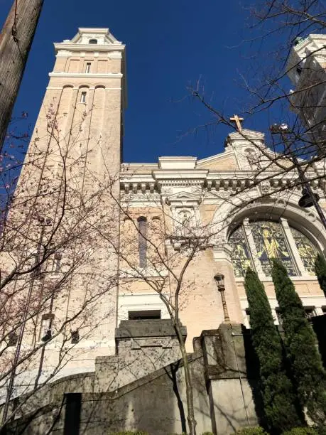 Blue sky is the back drop for the front of St James