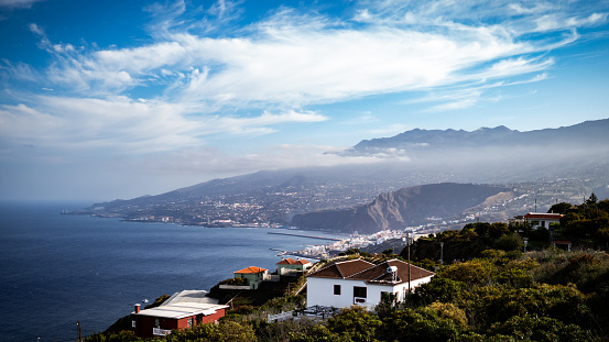La Palma, Spain - May 12, 2019: Panoramic view of the east of the island. On the right side of the image is the \