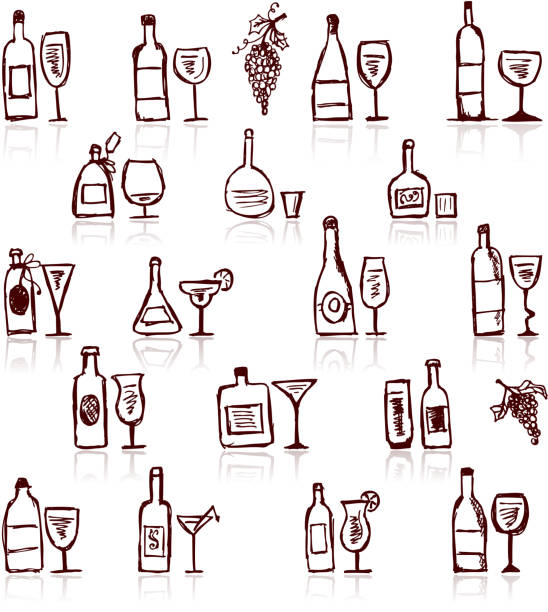 illustrazioni stock, clip art, cartoni animati e icone di tendenza di set di bottiglie di alcolici e wineglasses - 4818