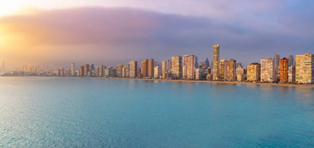 Benidorm Levante beach ar sunset dusk in Alicante of Spain