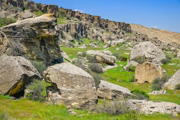 Gobustan National Park Azerbaijan Rocky landscape in Gobustan National Park, which preserves ancient petroglyphs, near Baku Azerbaijan. baku national park stock pictures, royalty-free photos & images