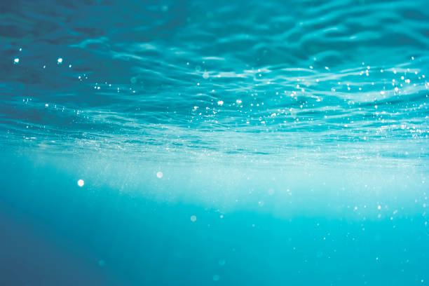 onde abstraite sous-marine, lumière du soleil à travers l’eau, reflets étincelants et faisceaux lumineux de soleil. - turquoise bleu photos et images de collection
