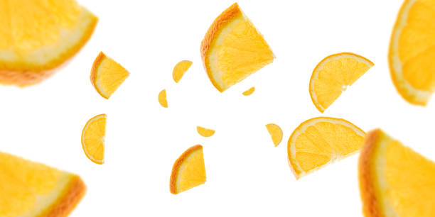 istock Orange slice falling. Citrus fruit tangerine isolated on white background. Fresh food concept. 1208462920