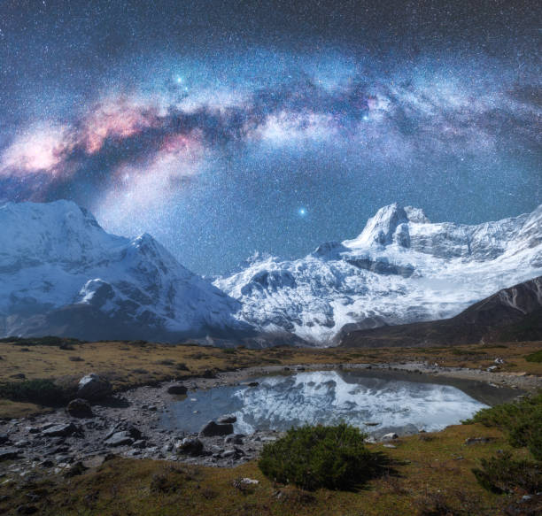 Milky Way over snowy mountains and lake at night. Landscape with snow covered high rocks and starry sky reflected in water in Nepal. Sky with stars. Fantastic view with bright milky way in Himalayas Milky Way over snowy mountains and lake at night. Landscape with snow covered high rocks and starry sky reflected in water in Nepal. Sky with stars. Fantastic view with bright milky way in Himalayas brightly lit winter season rock stock pictures, royalty-free photos & images