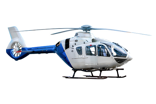 Blue and white helicopter on white background, isolated.