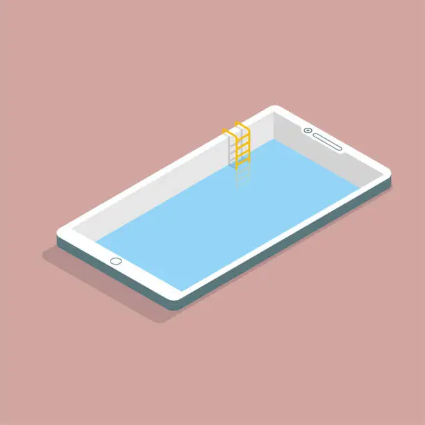 Vector illustration of Mobile phone and swimming pool. The background is brown.
