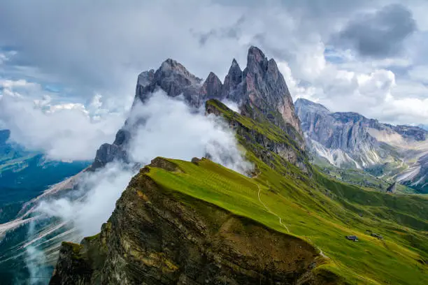 Wonderful landscape of  the Dolomites Alps. Odle mountain range, Seceda peak in Dolomites, Italy. Artistic picture. Beauty world.