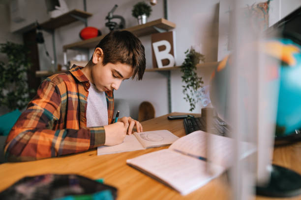 istock Teenage boy doing homework at home 1208465505