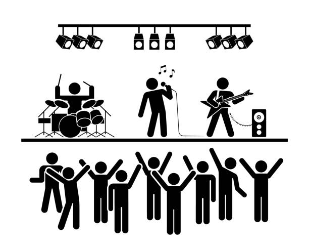Pictogram vector illustration of music live stage show. Crowd of people on the concert. Popular band playing. stage lights stock illustrations
