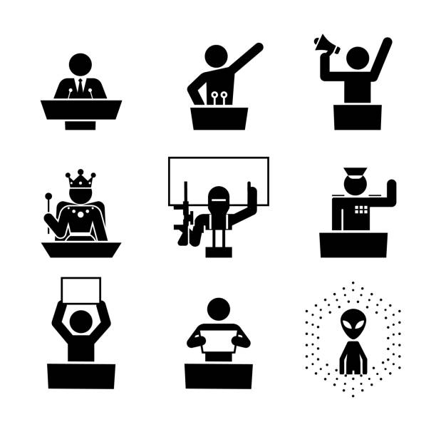 Politicians speakers. Icon set of debate rostrum and podium. Politicians speakers. Icon set of debate rostrum and podium. general manager stock illustrations