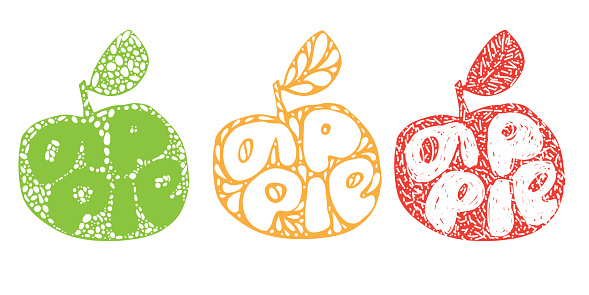 Green Apple silhouette. Fresh fruit Typography Vector Illustration, Handdrawn lettering. Hand drawn font on Healthy fruity harvest apple silhouette with decorative doodle elements