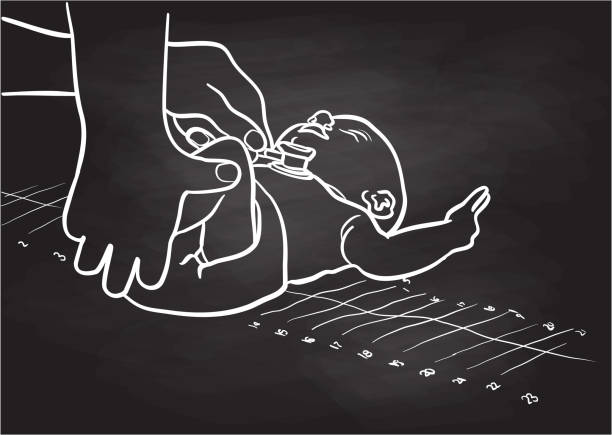 Newborn Checkup Chalkboard A newborn baby being weighed and measured black baby crying drawing stock illustrations