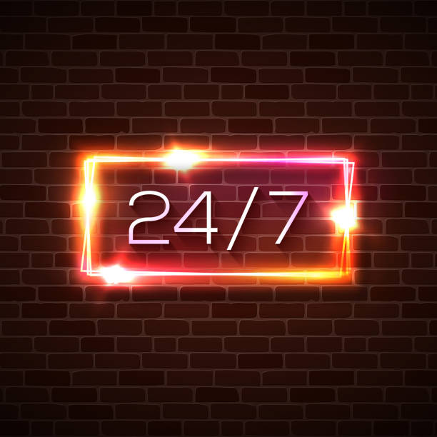 istock Open 24 7 hours neon light sign on brick background. 24 hours night club bar neon sign on street wall. Red pink yellow signboard 24 7 open time. 3d realistic color vector illustration in 80s style. 1208471367