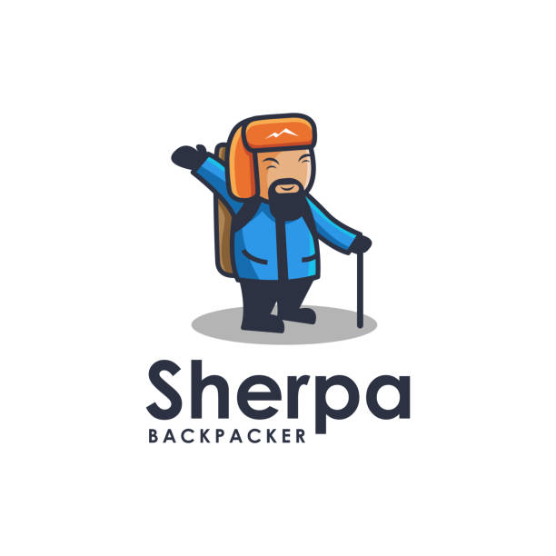 sherpa backpacker logo maskottchen vektor - hiking backpacker adventure backpack stock-grafiken, -clipart, -cartoons und -symbole