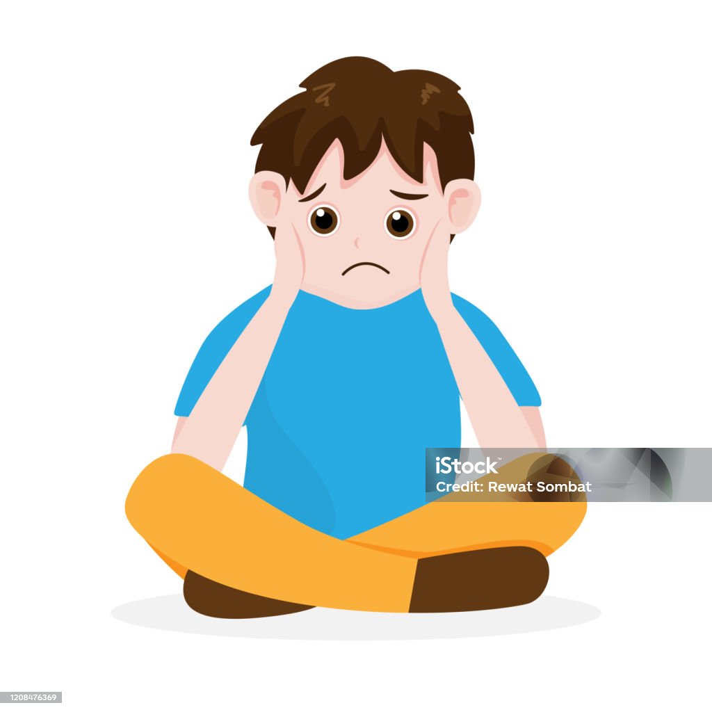 Sad Boy Sitting Isolated On Background Vector Illustration In ...