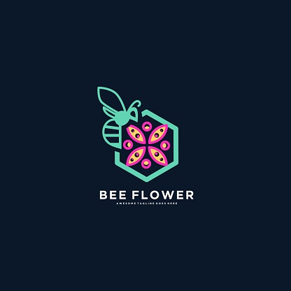 Vector Illustration Bee With Flower Line Art Style.