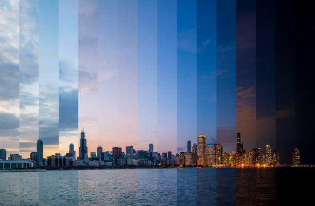 Chicago Skyline - Day to Night Time Lapse Day to night transition of Chicago cityscape from Adler Planetarium - Feb 2020 grant park stock pictures, royalty-free photos & images