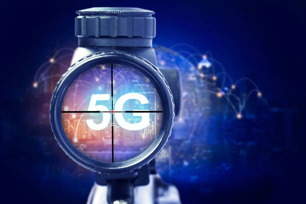 Creative background, Hunting for specials and aim to save symbol. 5G hologram on the background of the city.