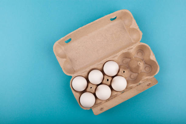 istock Egg Chicken eggs. Top view of an open gray box with white eggs. Isolated on a blue background. The concept of a healthy lifestyle, getting pure protein. Proper Breakfast. Six eggs 1208488748
