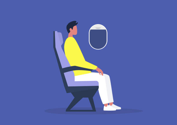 Young male passenger sitting on board an airplane, travel concept, millennial lifestyle Young male passenger sitting on board an airplane, travel concept, millennial lifestyle economy class stock illustrations