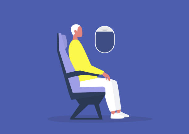 Young male passenger sitting on board an airplane, travel concept, millennial lifestyle Young male passenger sitting on board an airplane, travel concept, millennial lifestyle airplane seat stock illustrations