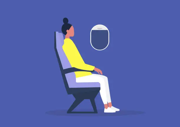 Vector illustration of Young female passenger sitting on board an airplane, travel concept, millennial lifestyle