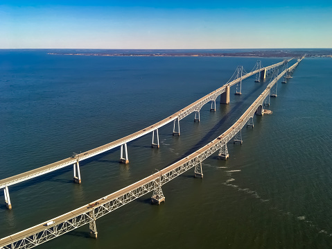 The Chesapeake Bay Bridge from the air, south of the bridge.