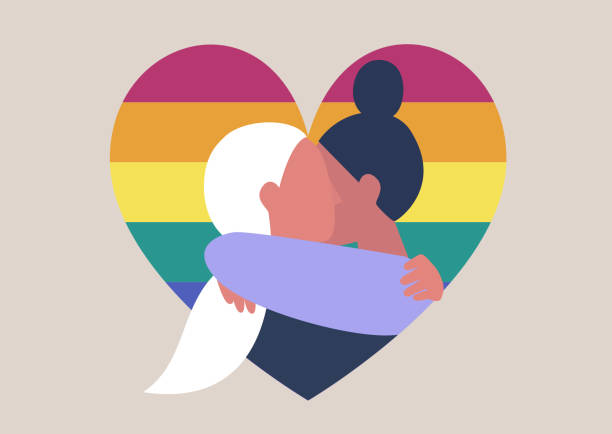 lgbt-community, zwei weibliche erwachsene umarmen auf einem regenbogen-herz-hintergrund, liebe ist liebe, menschenrechte - gay pride flag illustrations stock-grafiken, -clipart, -cartoons und -symbole