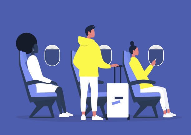 zróżnicowana grupa młodych pasażerów siedzących i stojących wewnątrz samolotu, podróżujących koncept - air vehicle airplane commercial airplane men stock illustrations